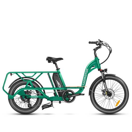 Green electric cargo bike on a white background
